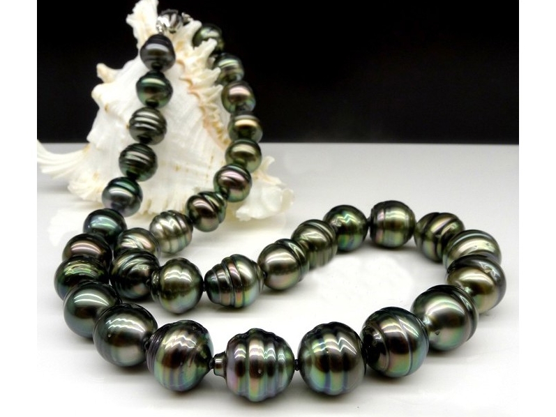 11 x 13mm Black Green Baroque Tahitian Pearl Necklace | American Pearl